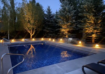 Water feature, landscape lighting, pool patio