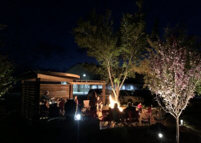 Pergola, landscape lighting, firepit